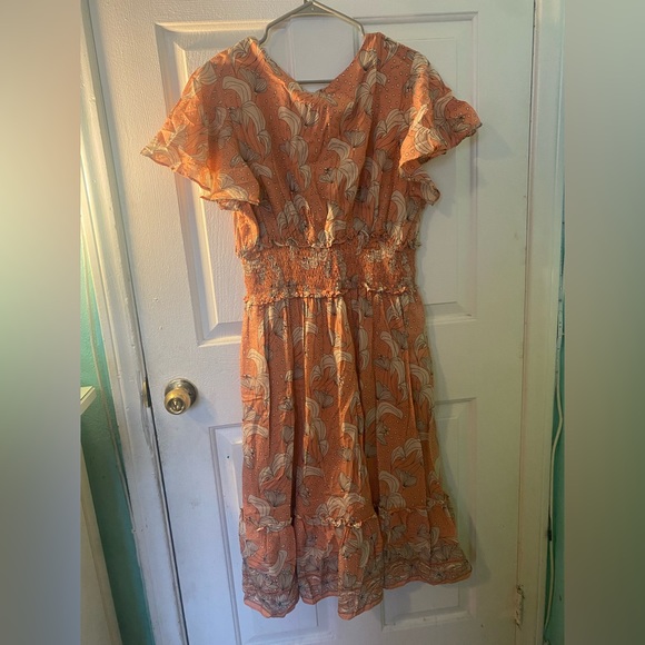 👗 Max Studio Dress floral peach smocked short sleeve ruffles XL NWT - Picture 2 of 4